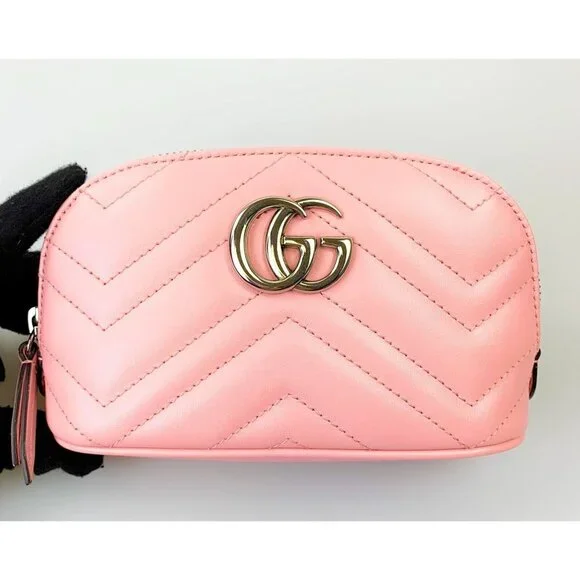 NWT Gucci GG Marmont Cosmetic Pouch in Pink Quilted Chevron Leather - Picture 2 of 11